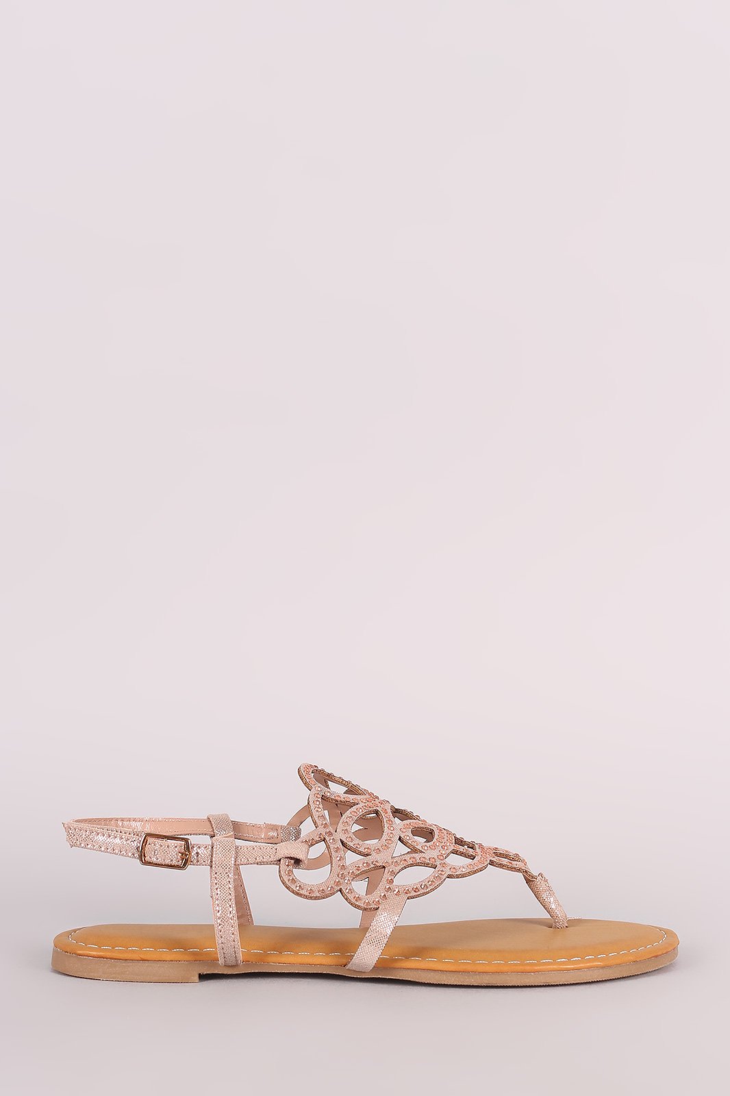 Bamboo Metallic Cutout Rhinestone Thong Flat Sandal