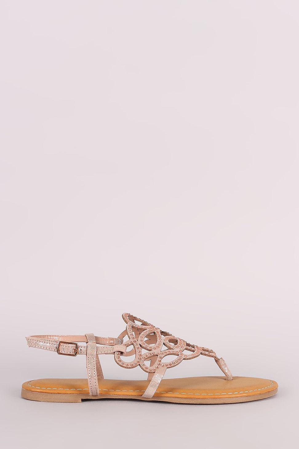 Bamboo Metallic Cutout Rhinestone Thong Flat Sandal