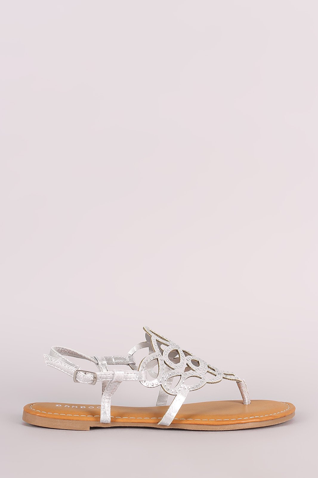 Bamboo Metallic Cutout Rhinestone Thong Flat Sandal