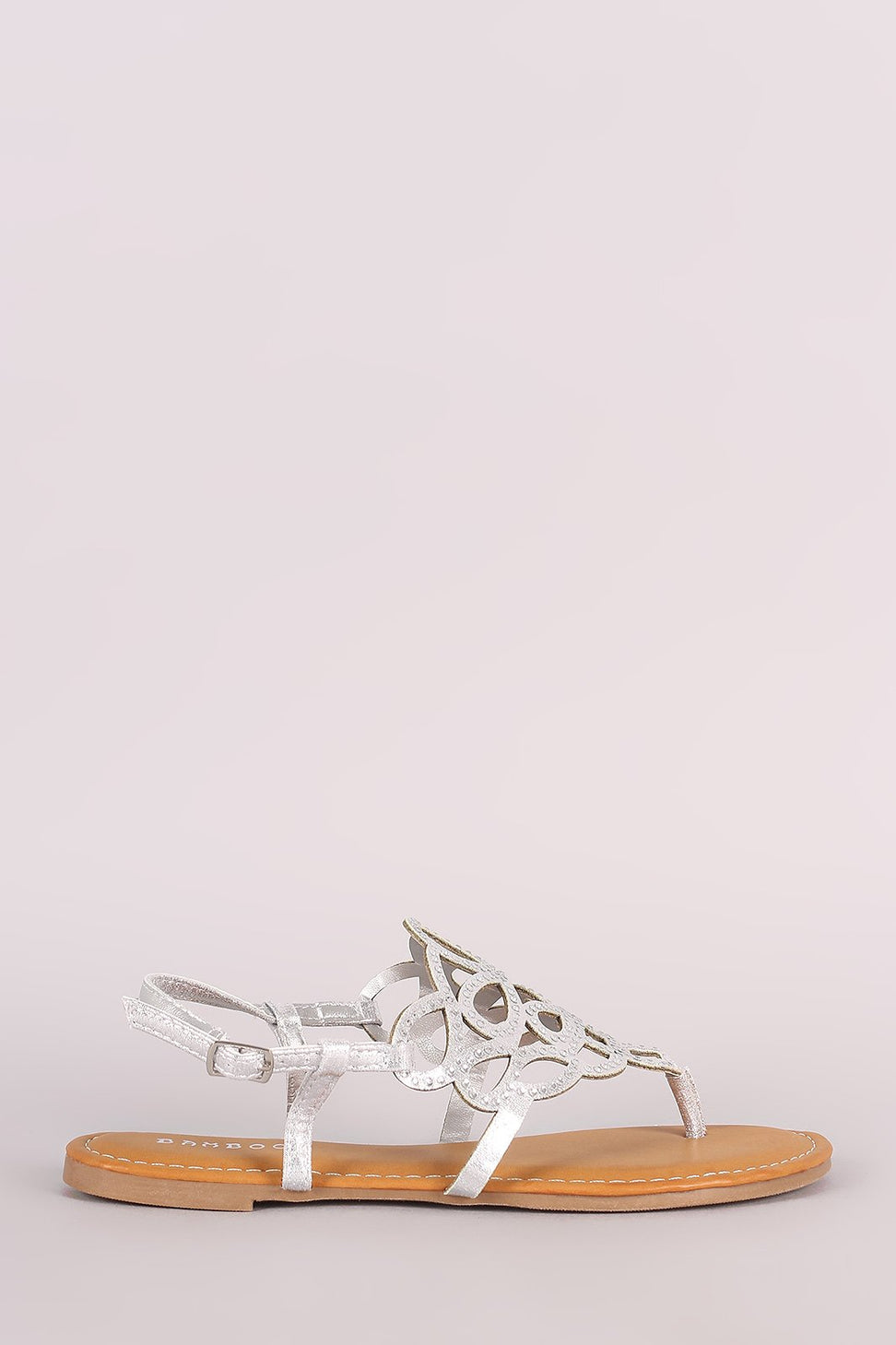 Bamboo Metallic Cutout Rhinestone Thong Flat Sandal