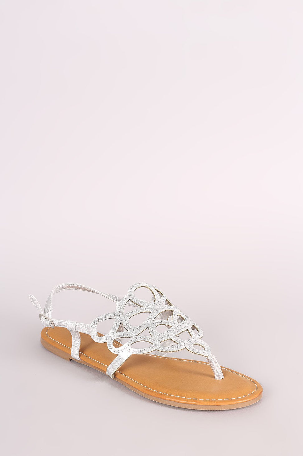Bamboo Metallic Cutout Rhinestone Thong Flat Sandal