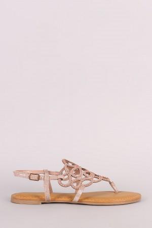 Bamboo Metallic Cutout Rhinestone Thong Flat Sandal