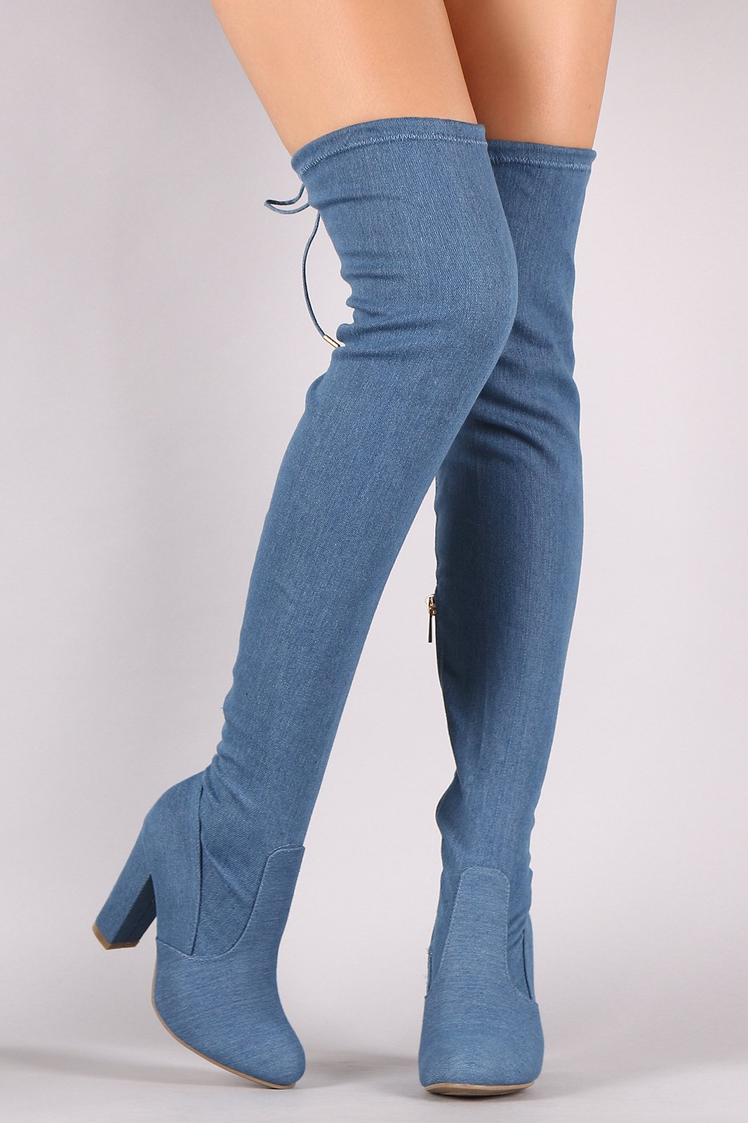 Bamboo Drawstring-Tie Chunky Heeled OTK Fitted Denim Boots