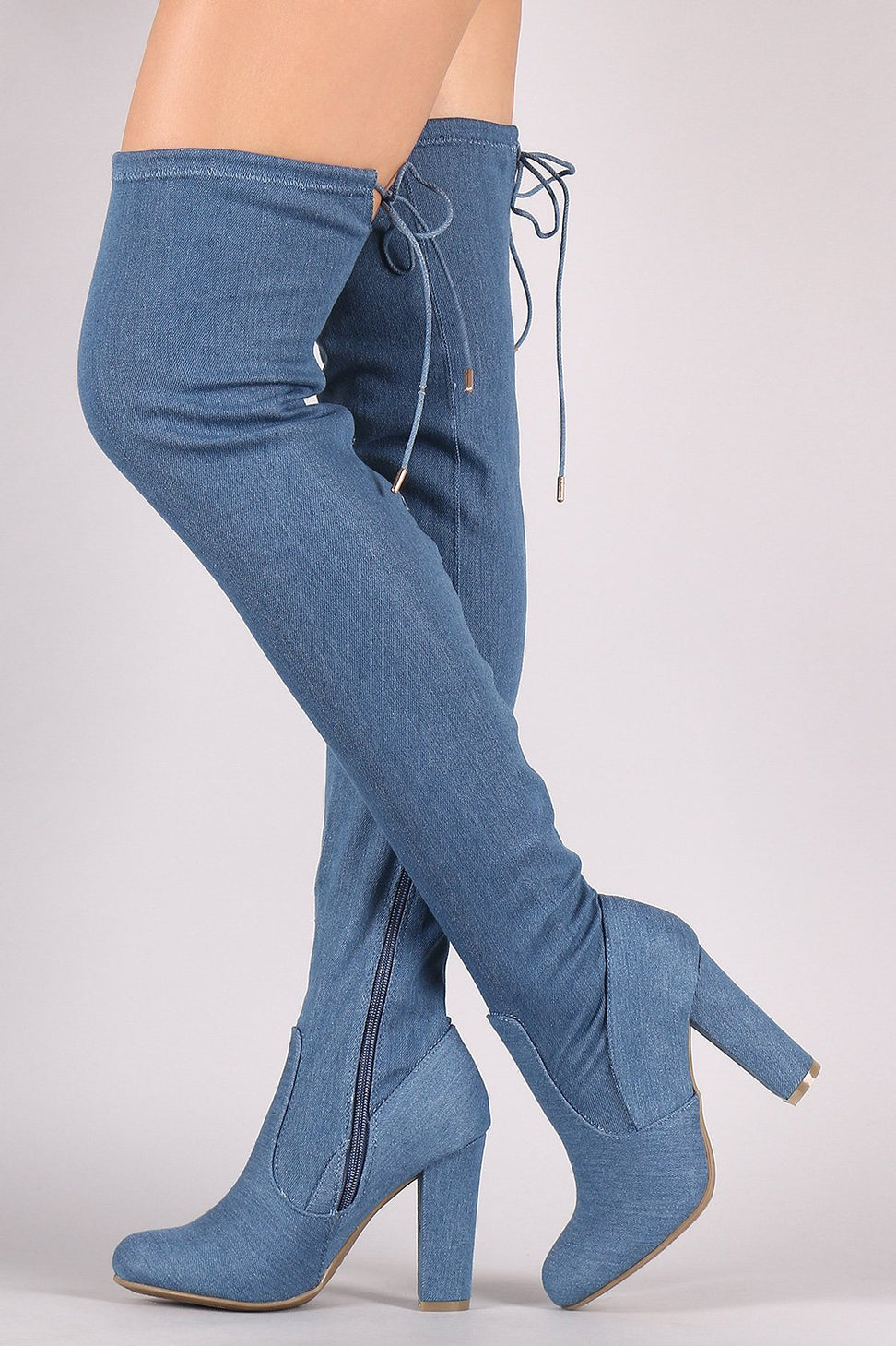 Bamboo Drawstring-Tie Chunky Heeled OTK Fitted Denim Boots