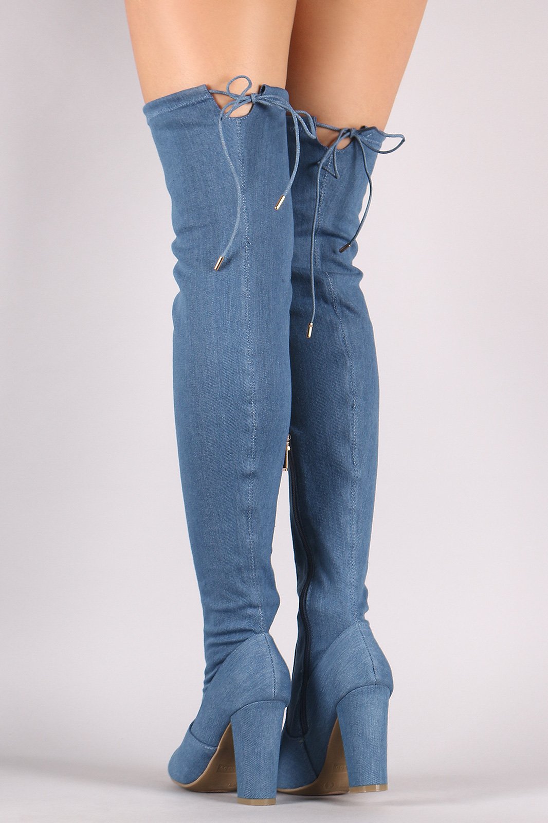 Bamboo Drawstring-Tie Chunky Heeled OTK Fitted Denim Boots