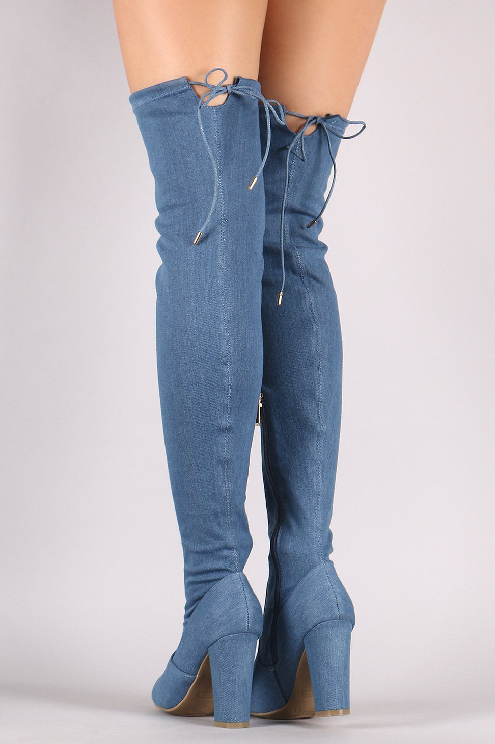 Bamboo Drawstring-Tie Chunky Heeled OTK Fitted Denim Boots