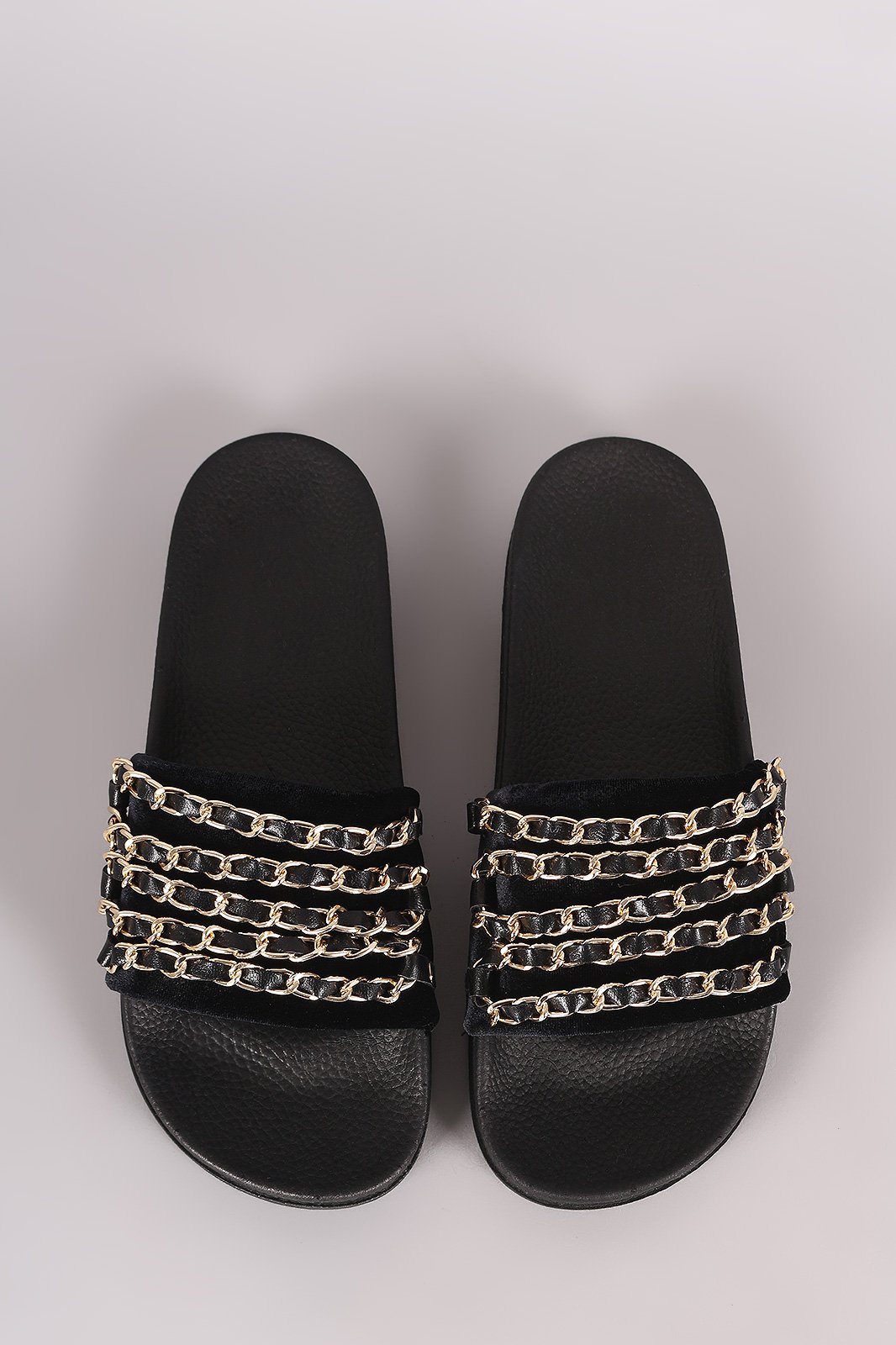 Bamboo Velvet Chain Embellished Open Toe Slide Sandal