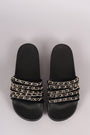 Bamboo Velvet Chain Embellished Open Toe Slide Sandal