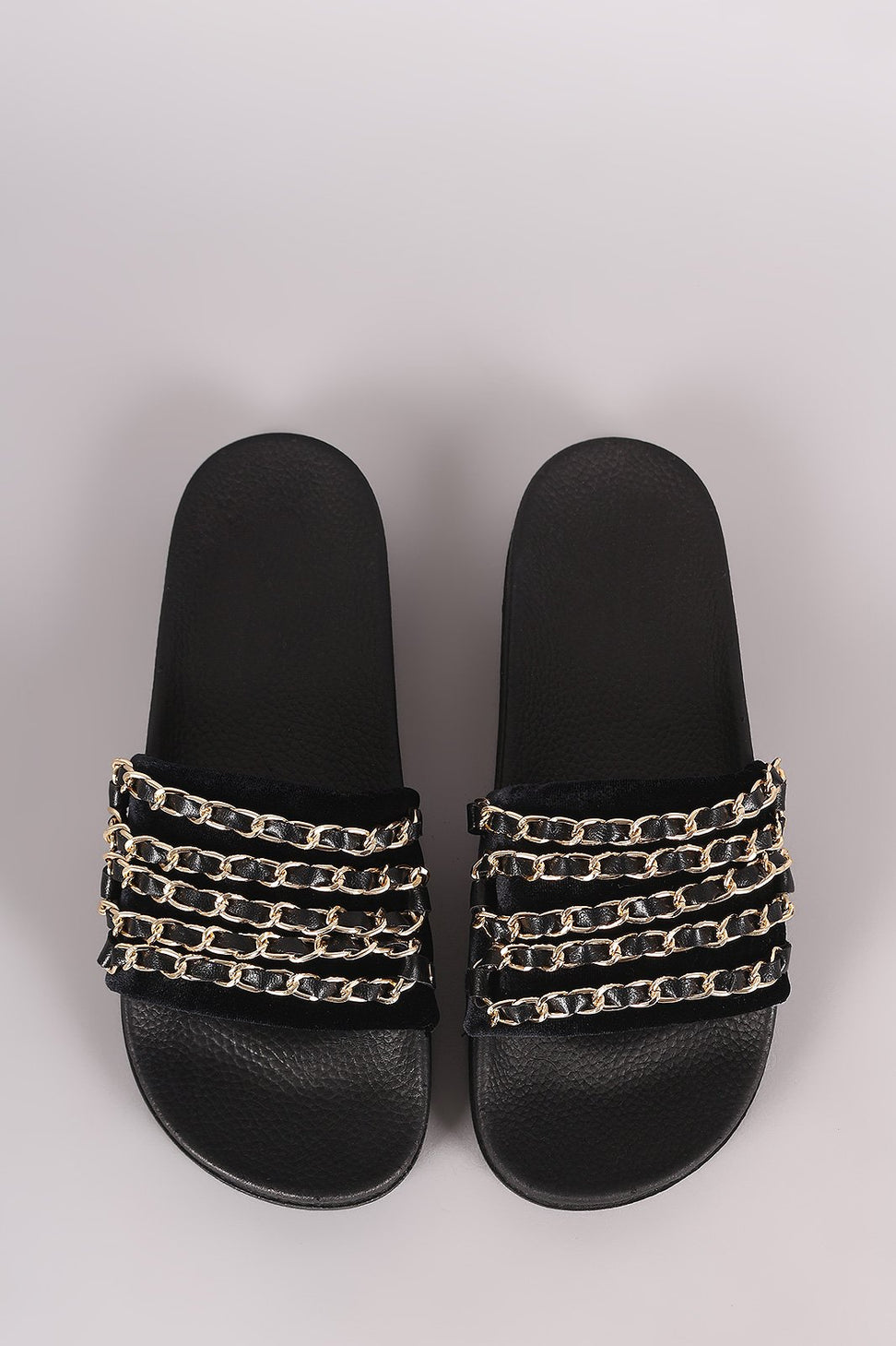 Bamboo Velvet Chain Embellished Open Toe Slide Sandal