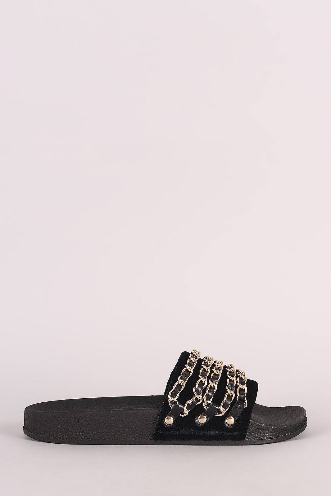 Bamboo Velvet Chain Embellished Open Toe Slide Sandal