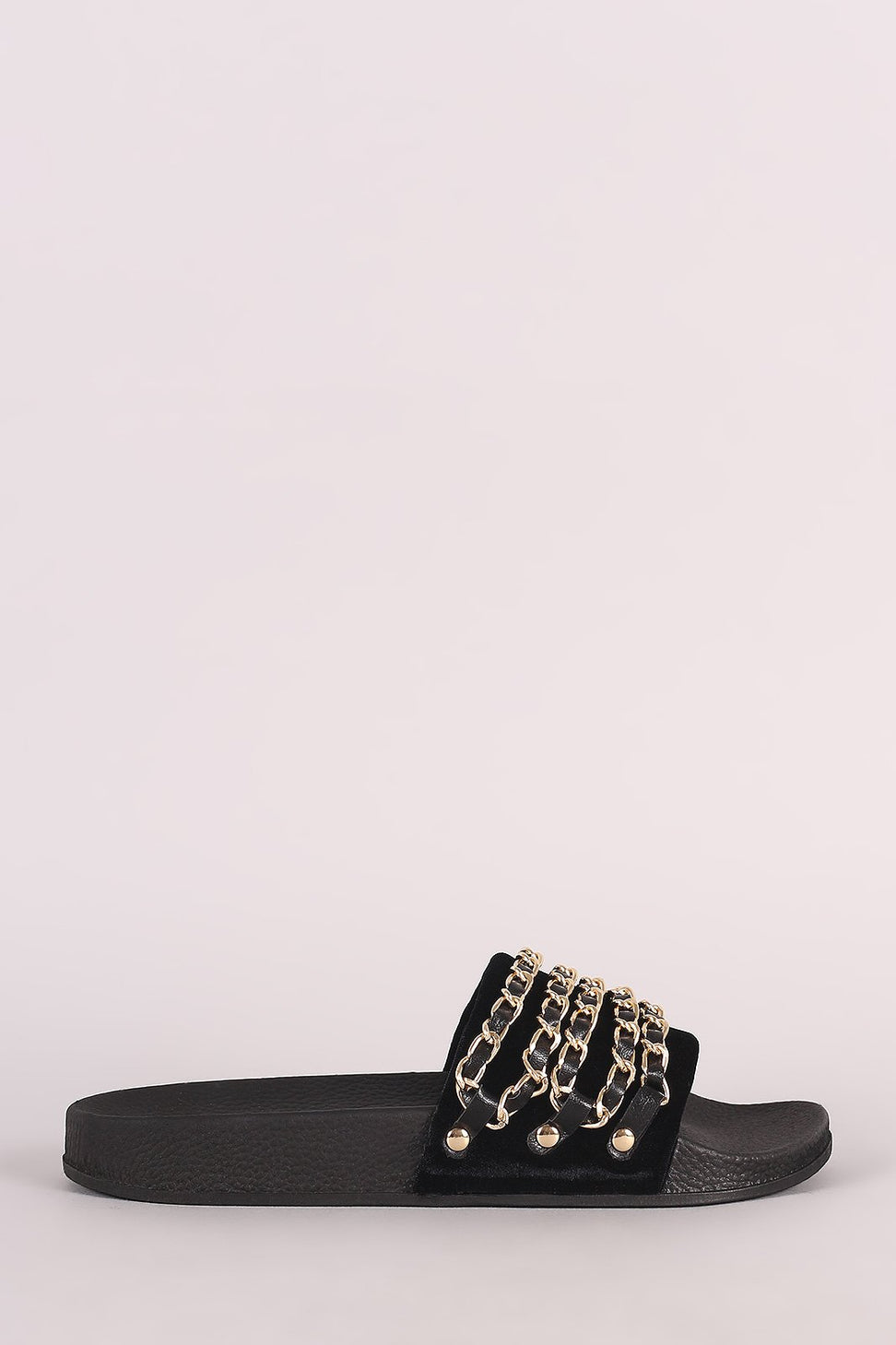 Bamboo Velvet Chain Embellished Open Toe Slide Sandal