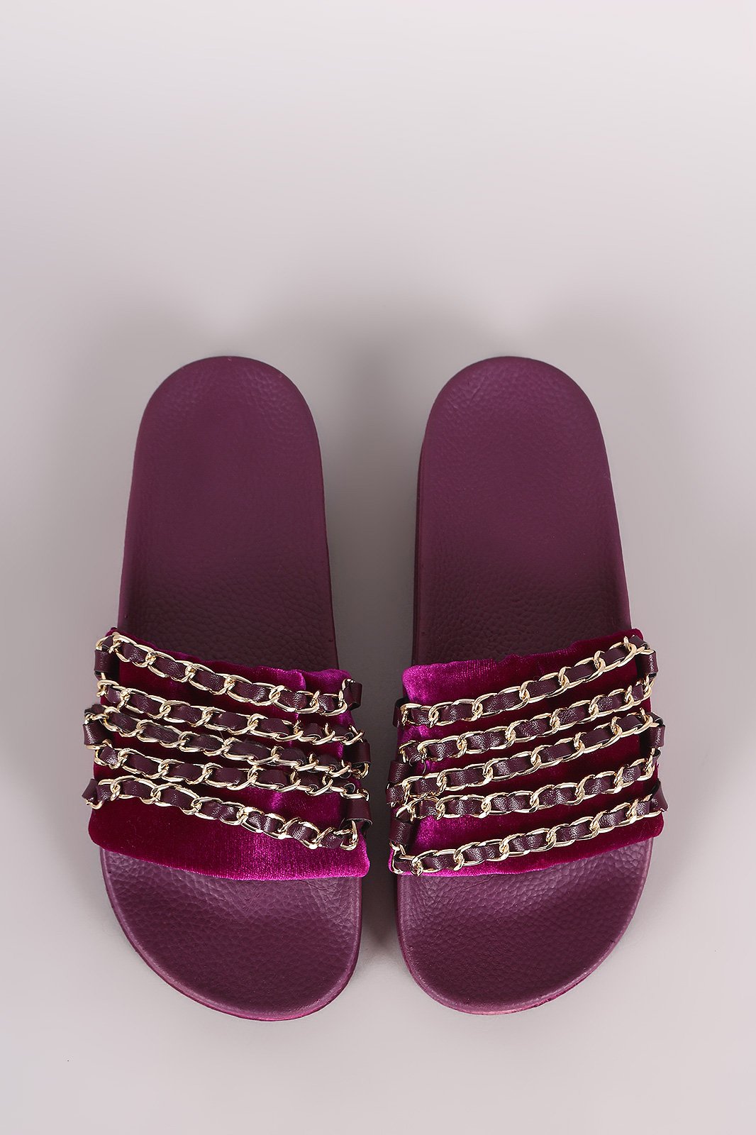 Bamboo Velvet Chain Embellished Open Toe Slide Sandal