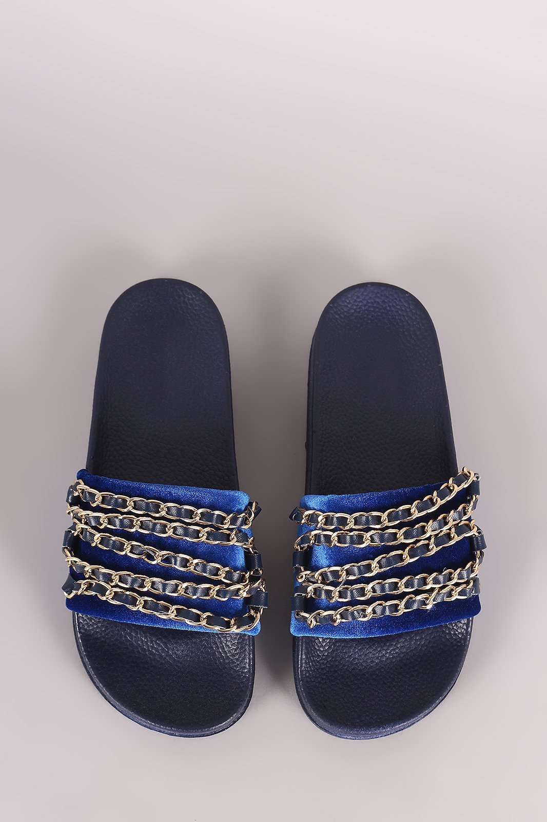 Bamboo Velvet Chain Embellished Open Toe Slide Sandal
