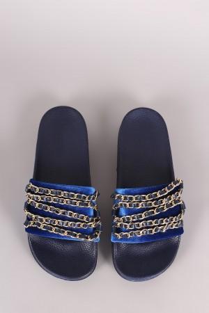Bamboo Velvet Chain Embellished Open Toe Slide Sandal