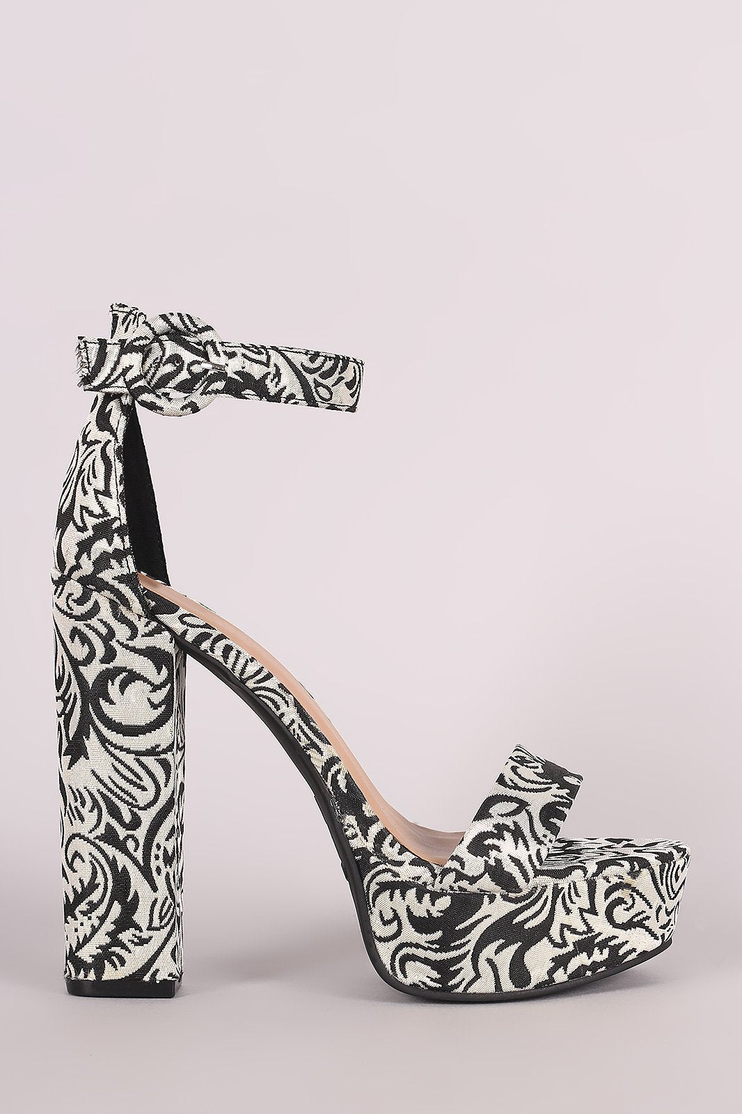 Bamboo Brocade Patterned Ankle Strap Chunky Platform Heel