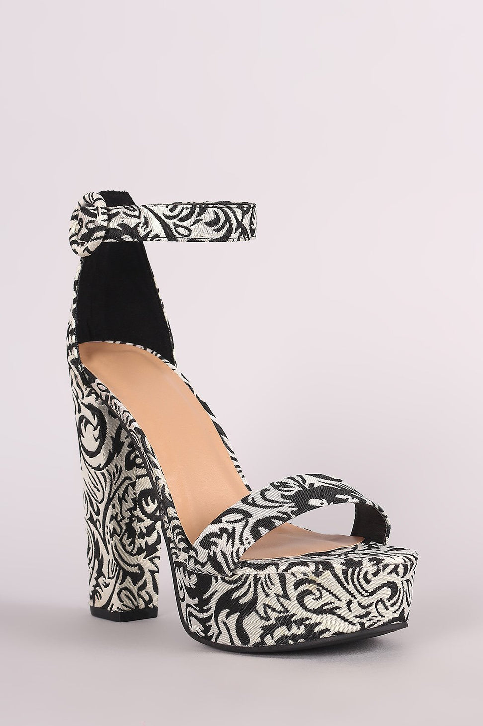 Bamboo Brocade Patterned Ankle Strap Chunky Platform Heel