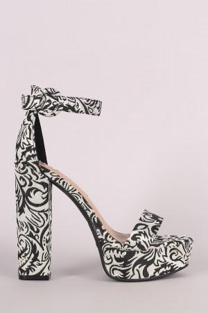 Bamboo Brocade Patterned Ankle Strap Chunky Platform Heel