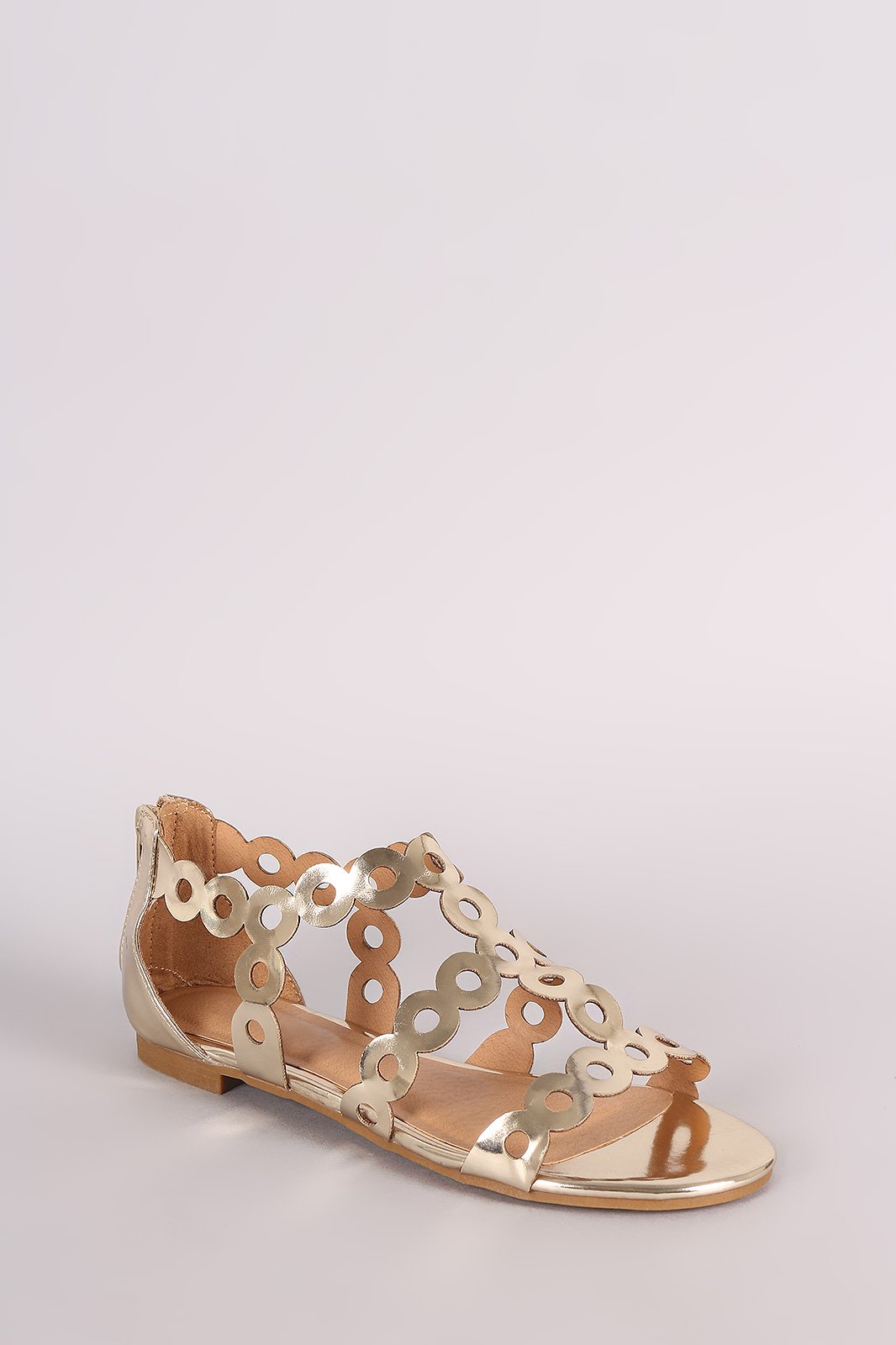 Bamboo Metallic Scalloped Laser Cut Flat Sandal