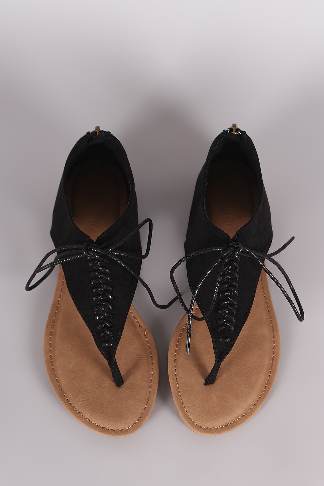 Bamboo Suede V-Strap Lace Up Thong Flat Sandal