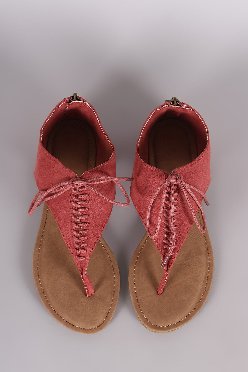 Bamboo Suede V-Strap Lace Up Thong Flat Sandal