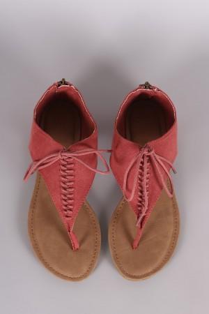 Bamboo Suede V-Strap Lace Up Thong Flat Sandal