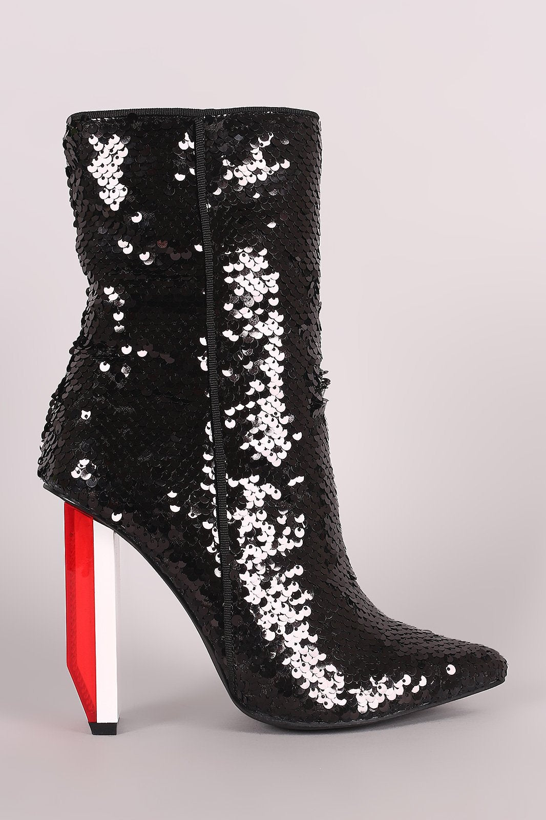 Sequin Pointy Toe Rectangle Light Bulb Heeled Boots