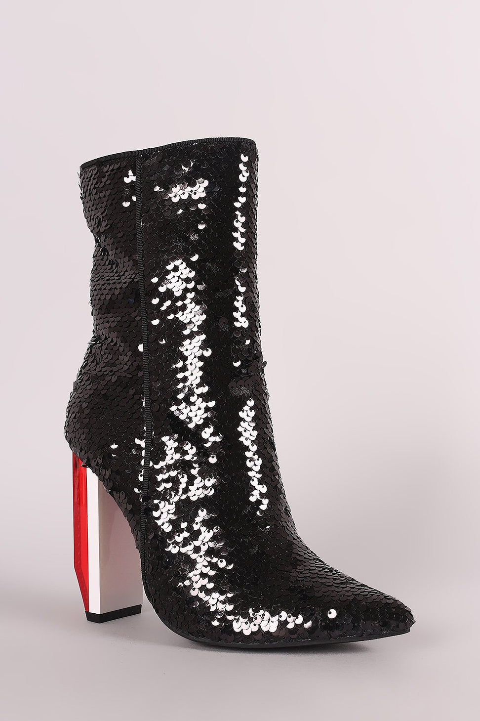 Sequin Pointy Toe Rectangle Light Bulb Heeled Boots