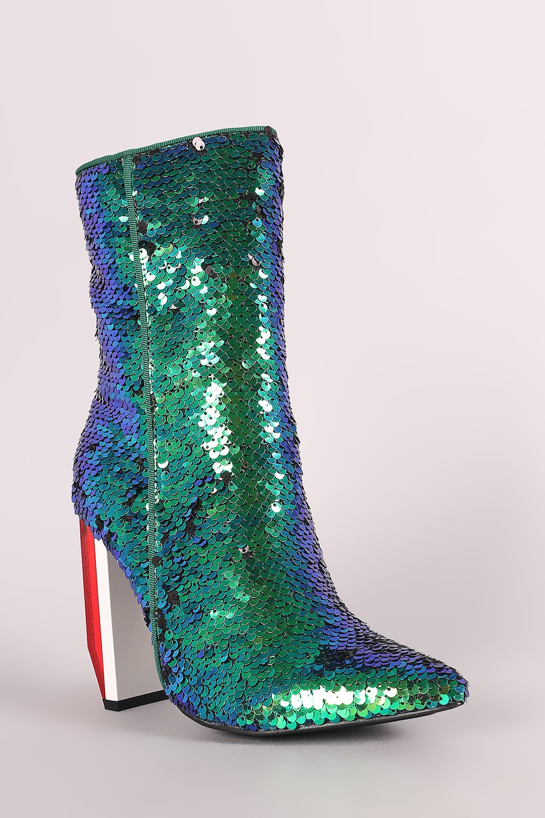 Sequin Pointy Toe Rectangle Light Bulb Heeled Boots