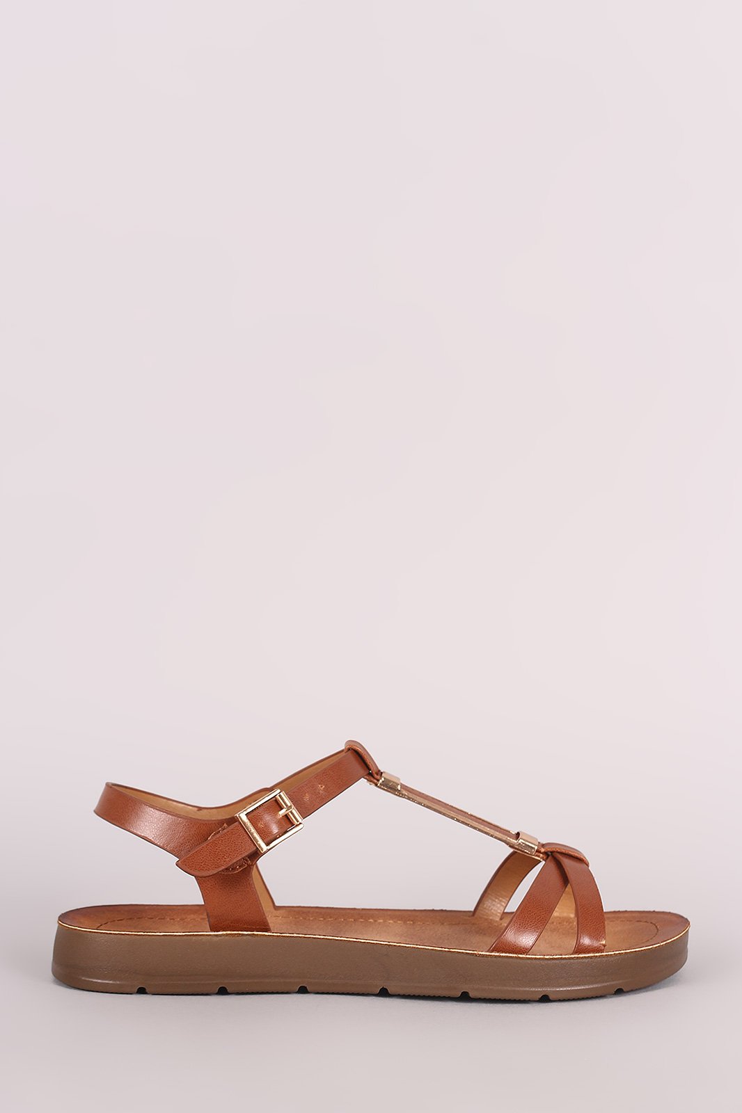 Bamboo Metallic Hardware T-Strap Open Toe Flat Sandal