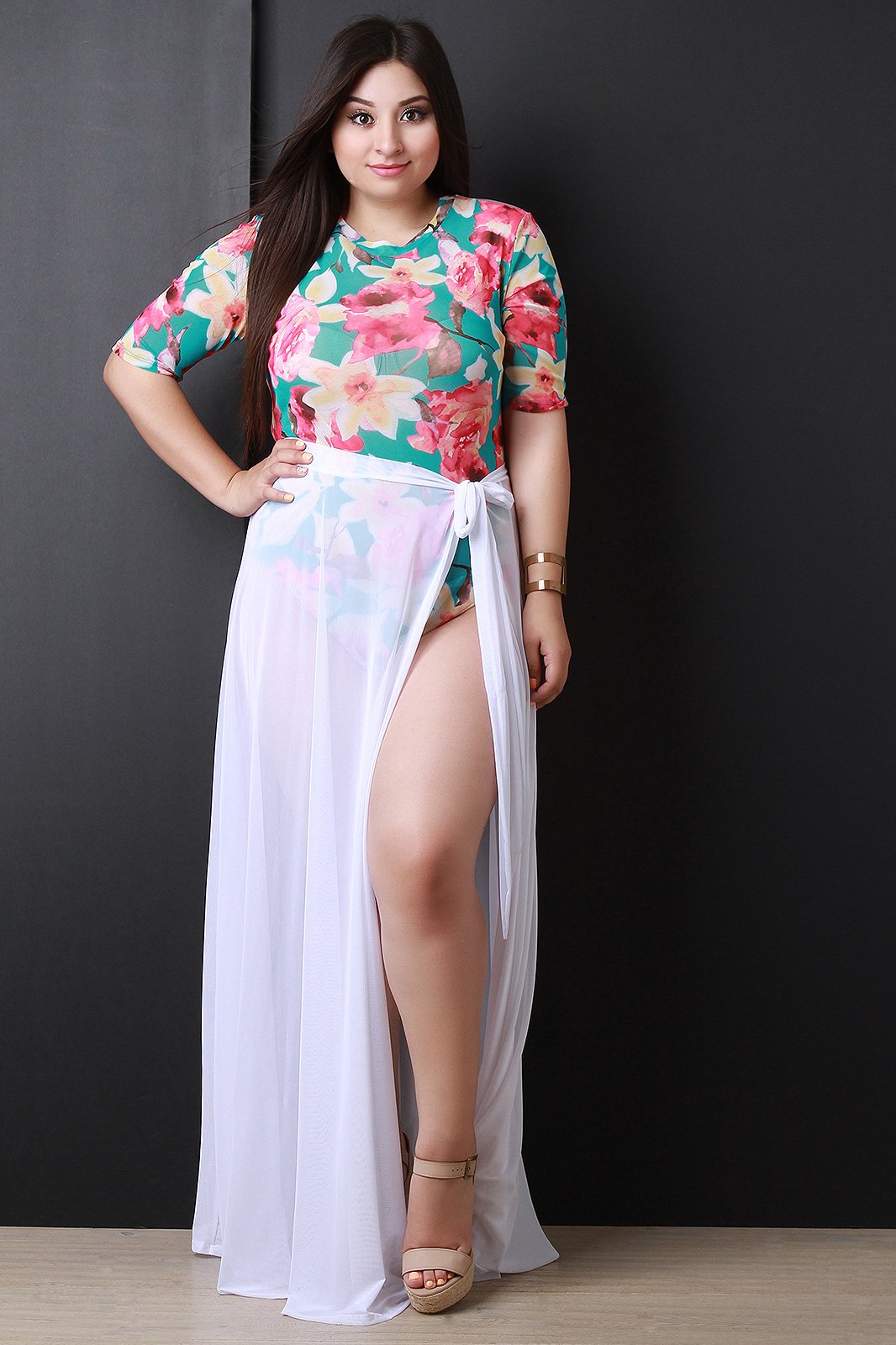 Blooming Floral Mesh Crew Neck Bodysuit