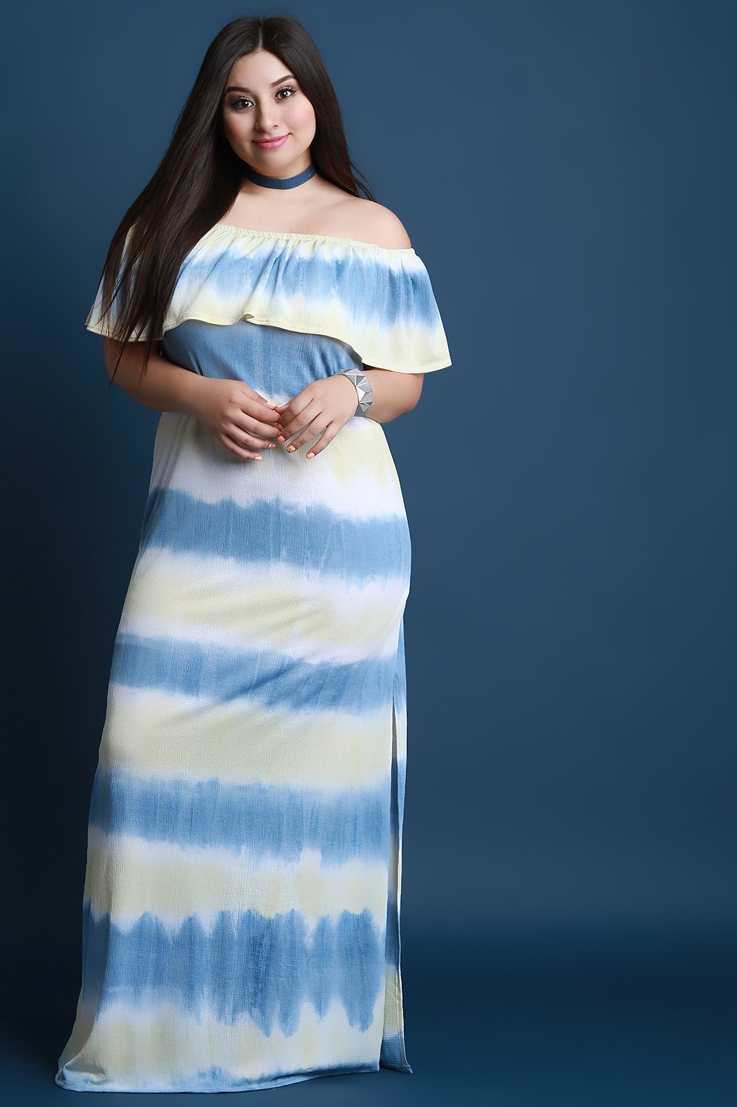 Tie Dye Ruffle Bardot Side Slit Maxi Dress