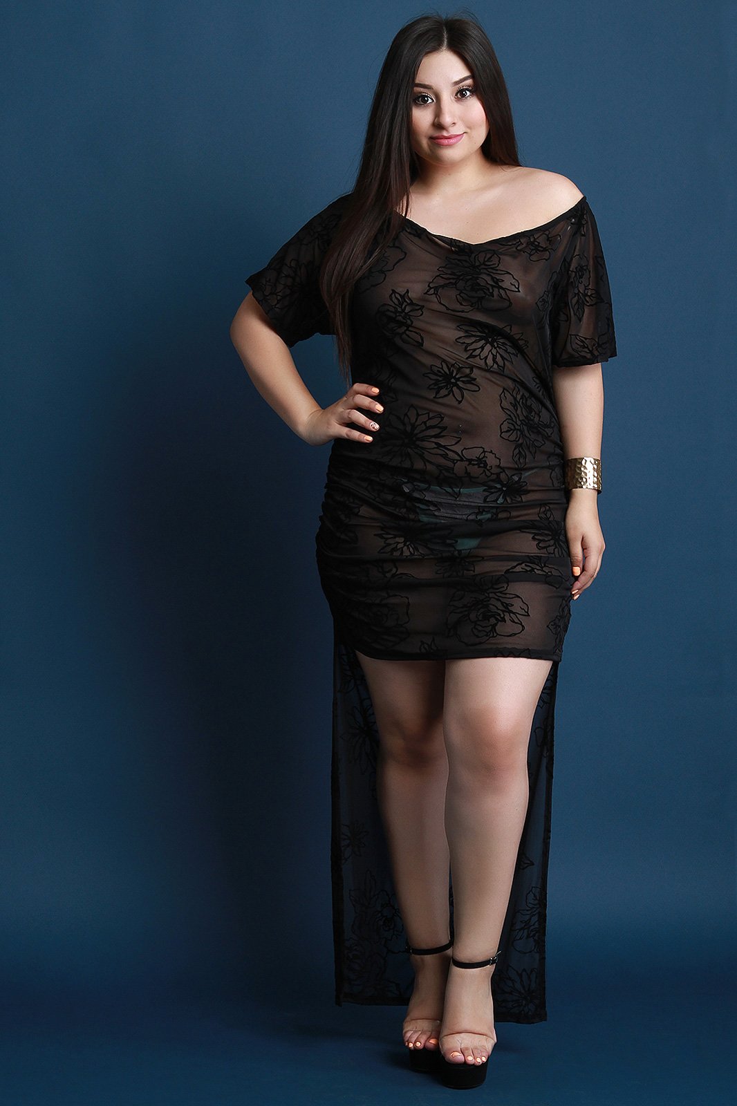 Velvet Floral Embroidered Mesh High Low Dress