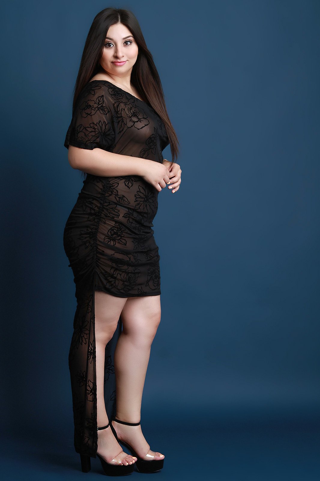 Velvet Floral Embroidered Mesh High Low Dress