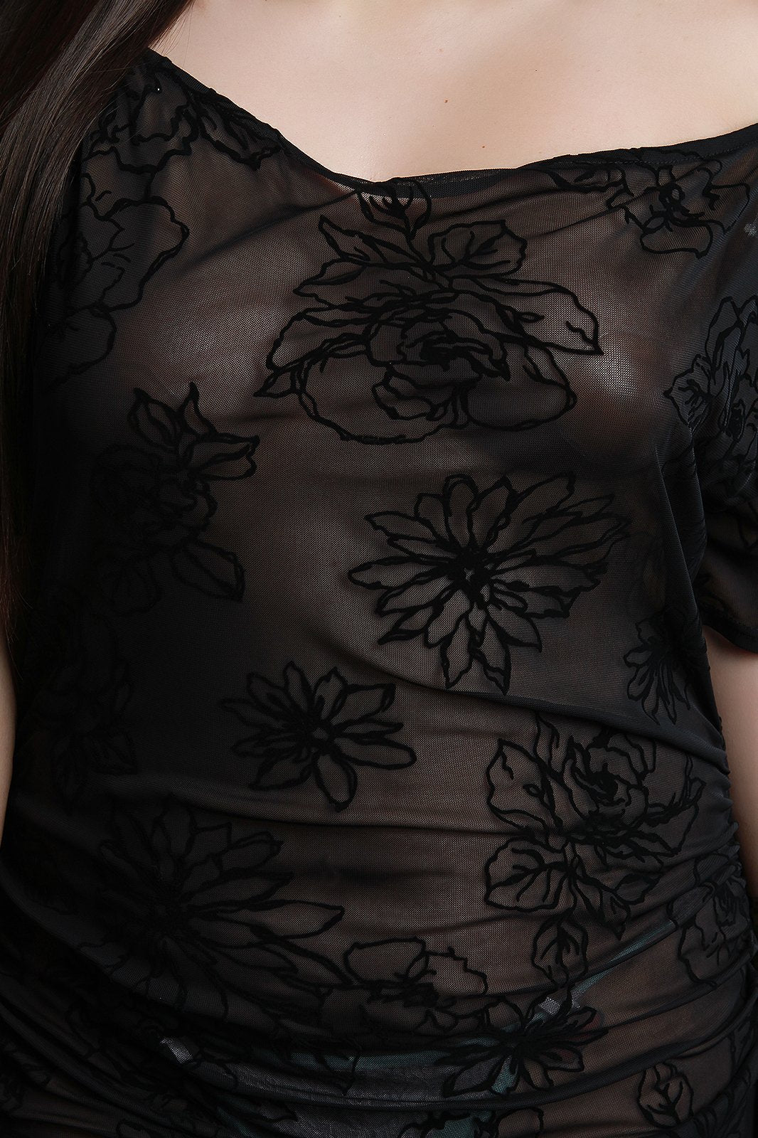 Velvet Floral Embroidered Mesh High Low Dress