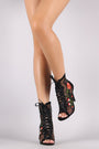 Mesh Floral Patch Lace Up Suede Stiletto Ankle Boots