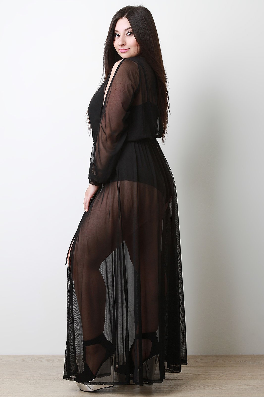 Surplice Cutout Long Sleeve Mesh Maxi Dress