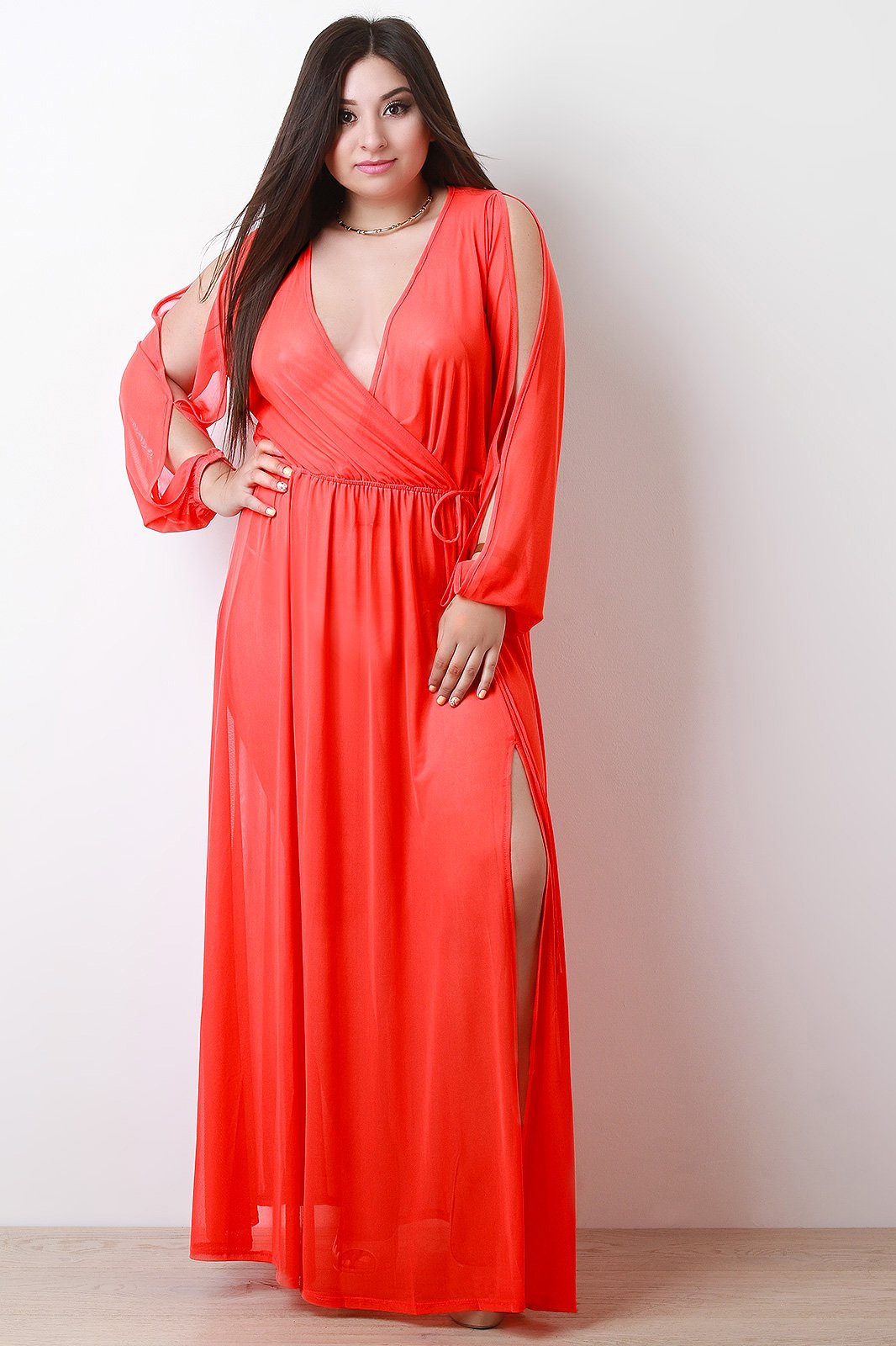 Surplice Cutout Long Sleeve Mesh Maxi Dress