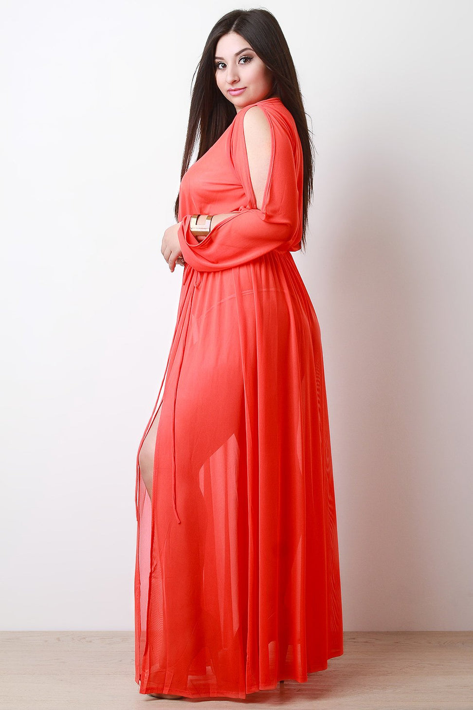 Surplice Cutout Long Sleeve Mesh Maxi Dress