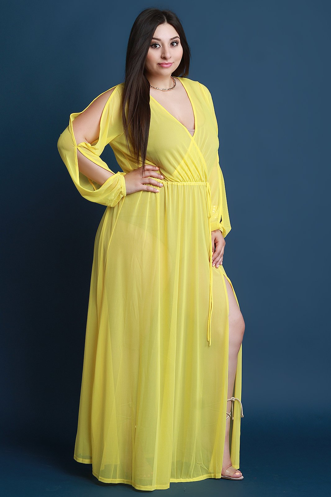 Surplice Cutout Long Sleeve Mesh Maxi Dress