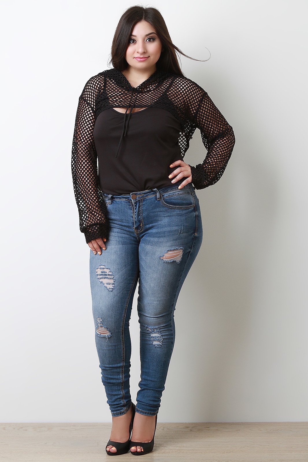 Front Cutout Fishnet Mesh Hooded Crop Top - NoveltyOne