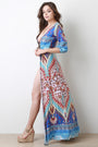 Mixed Prints Plunging Neck Open Front Bodysuit Maxi Dress - NoveltyOne