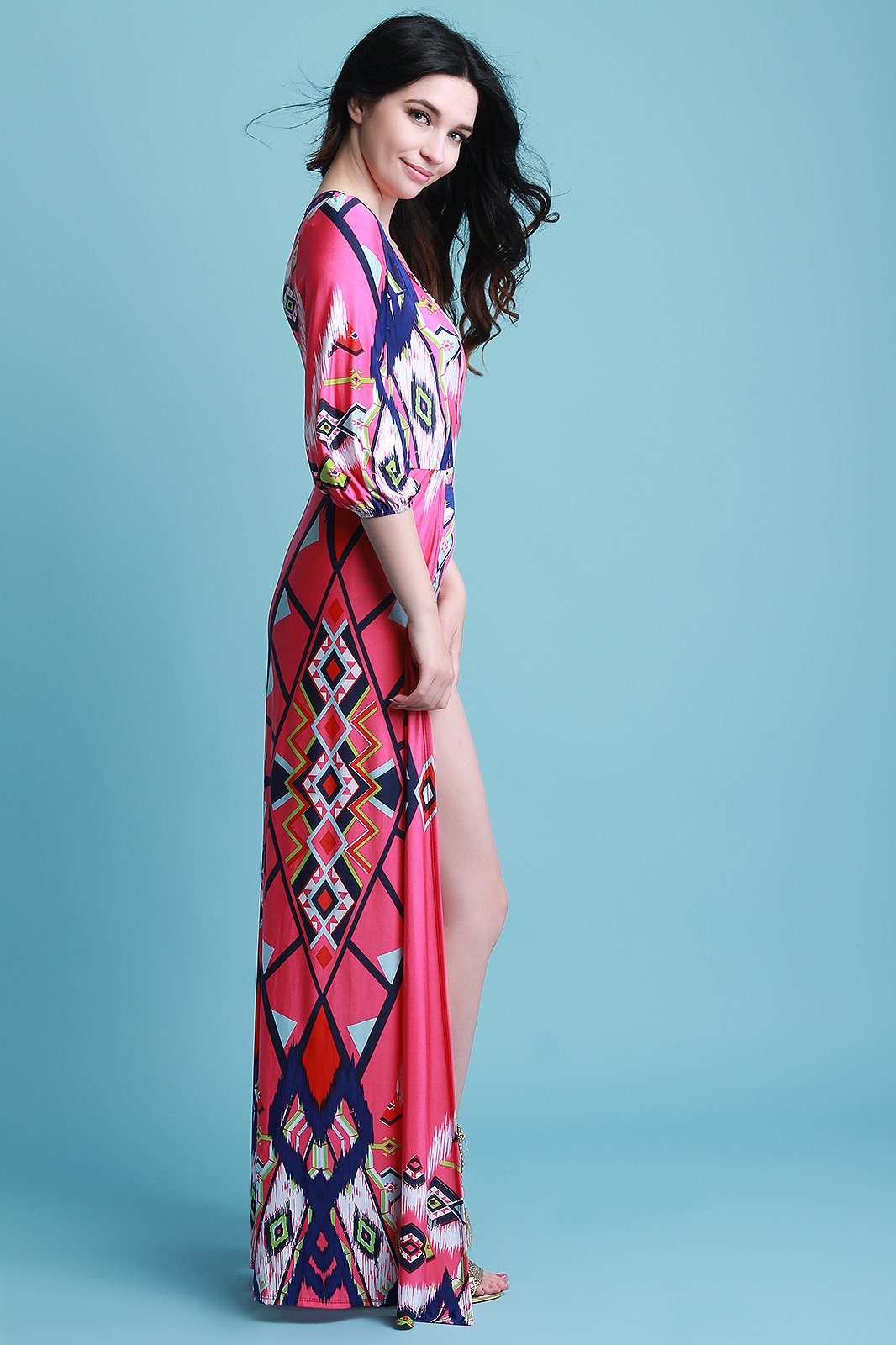 Tribal Print Plunging Neck Open Front Bodysuit Maxi Dress