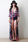 Tribal Print Plunging Neck Open Front Bodysuit Maxi Dress