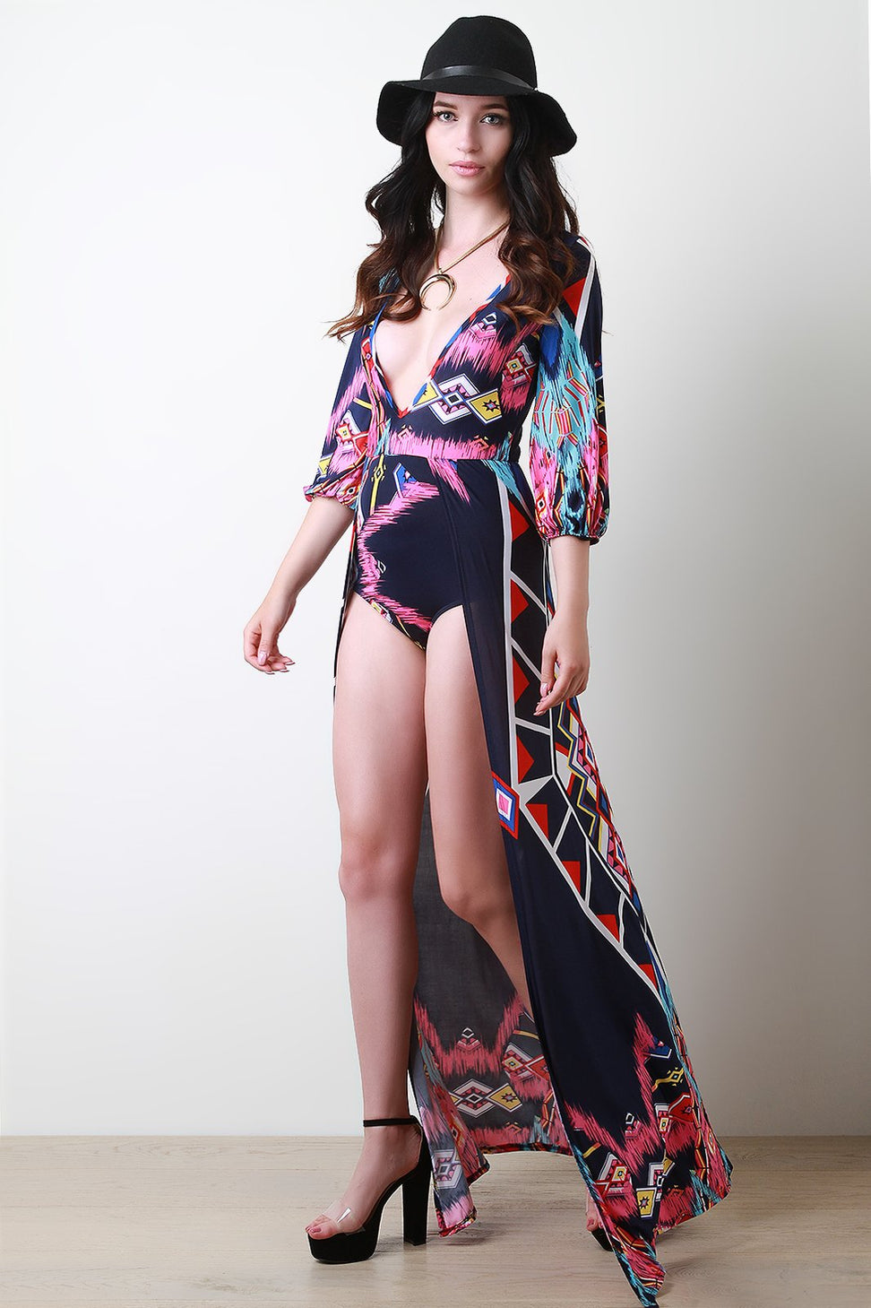 Tribal Print Plunging Neck Open Front Bodysuit Maxi Dress