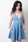 Denim Pocketed Halter Skater Dress