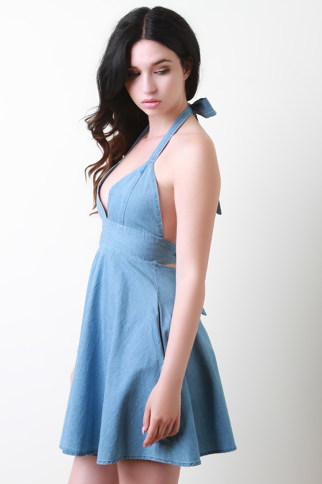 Denim Pocketed Halter Skater Dress