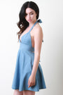 Denim Pocketed Halter Skater Dress