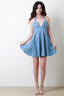 Denim Pocketed Halter Skater Dress
