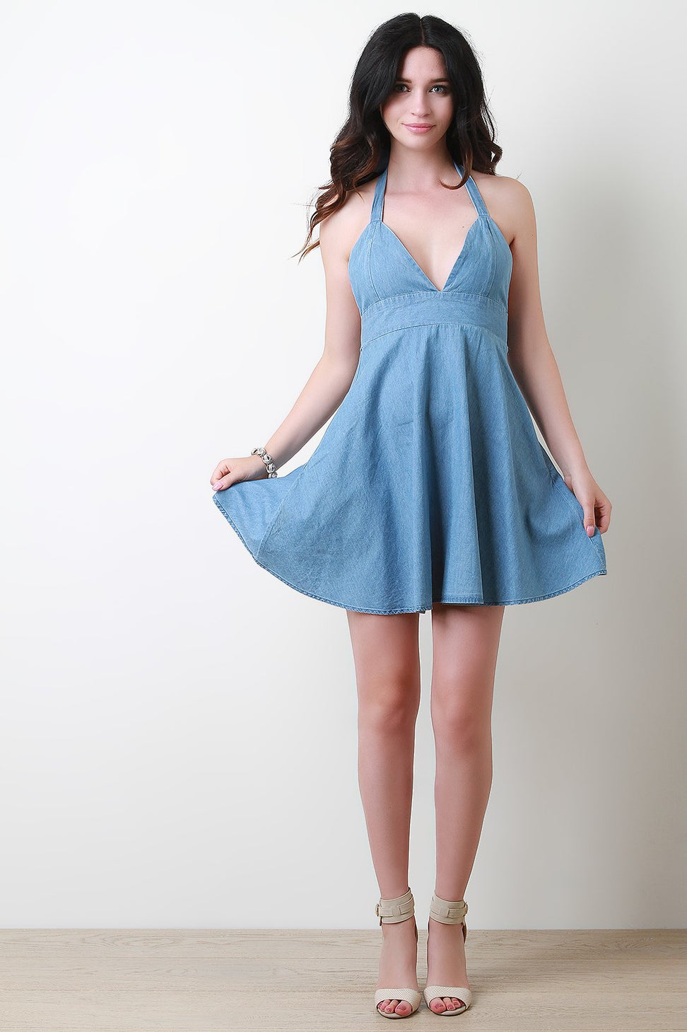 Denim Pocketed Halter Skater Dress