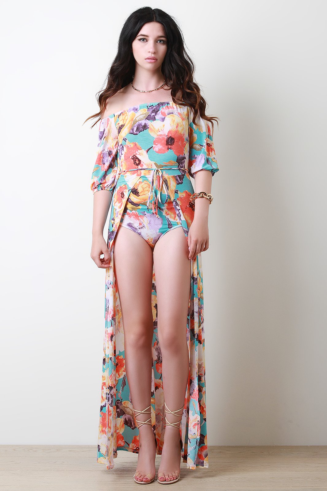 Floral Open Front Bardot Waist Tie Bodysuit Maxi Dress